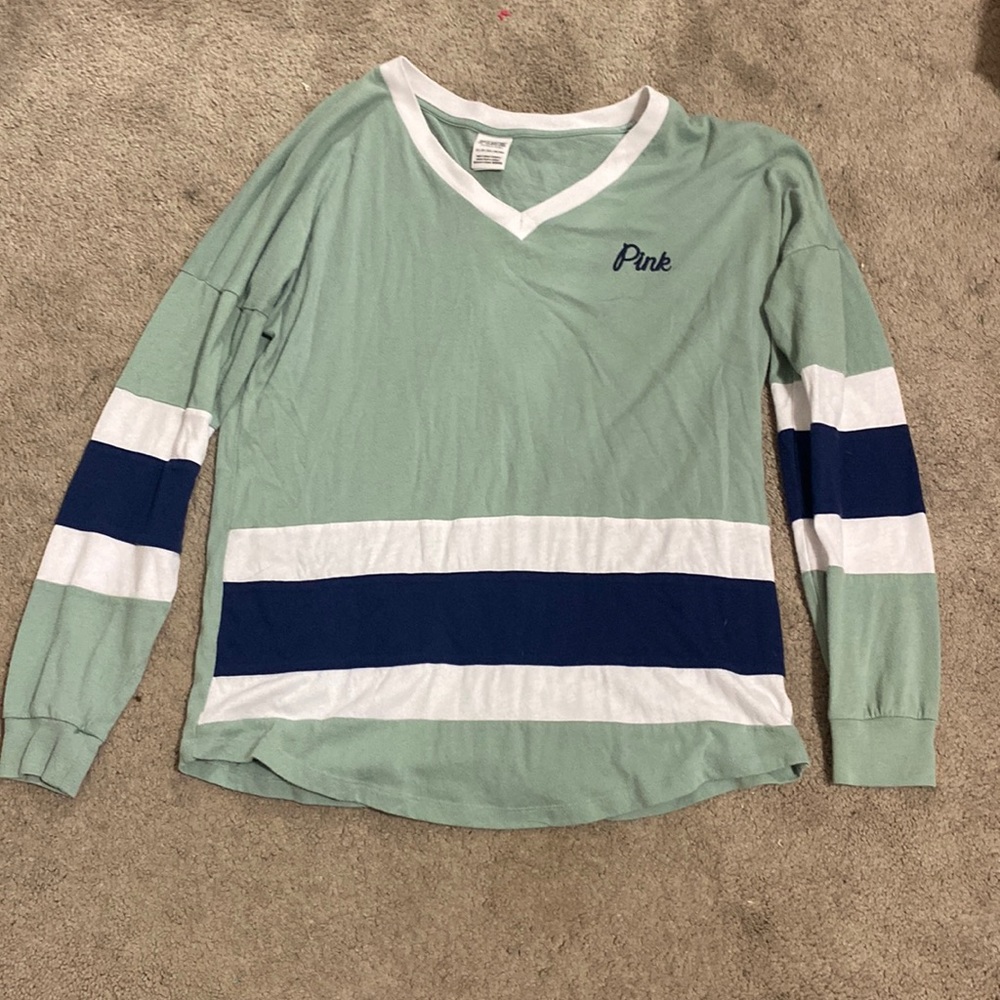 Victoria’s Secret PINK Size XS Long Sleeve Green and Navy Tee Shirt